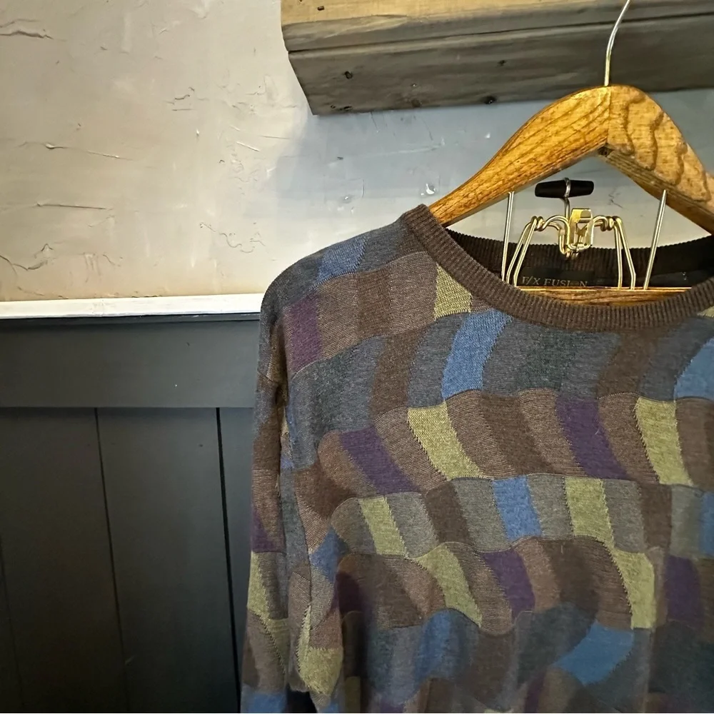 FX Fusion Mens Size XL‎ Multicolor Tan Sweater Round Neck Long Sleeve Bold
